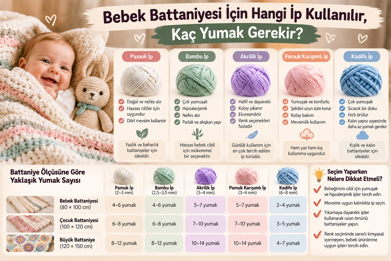 Bebek Battaniyesi İçin Hangi İp Kullanılır, Kaç Yumak Gerekir?
