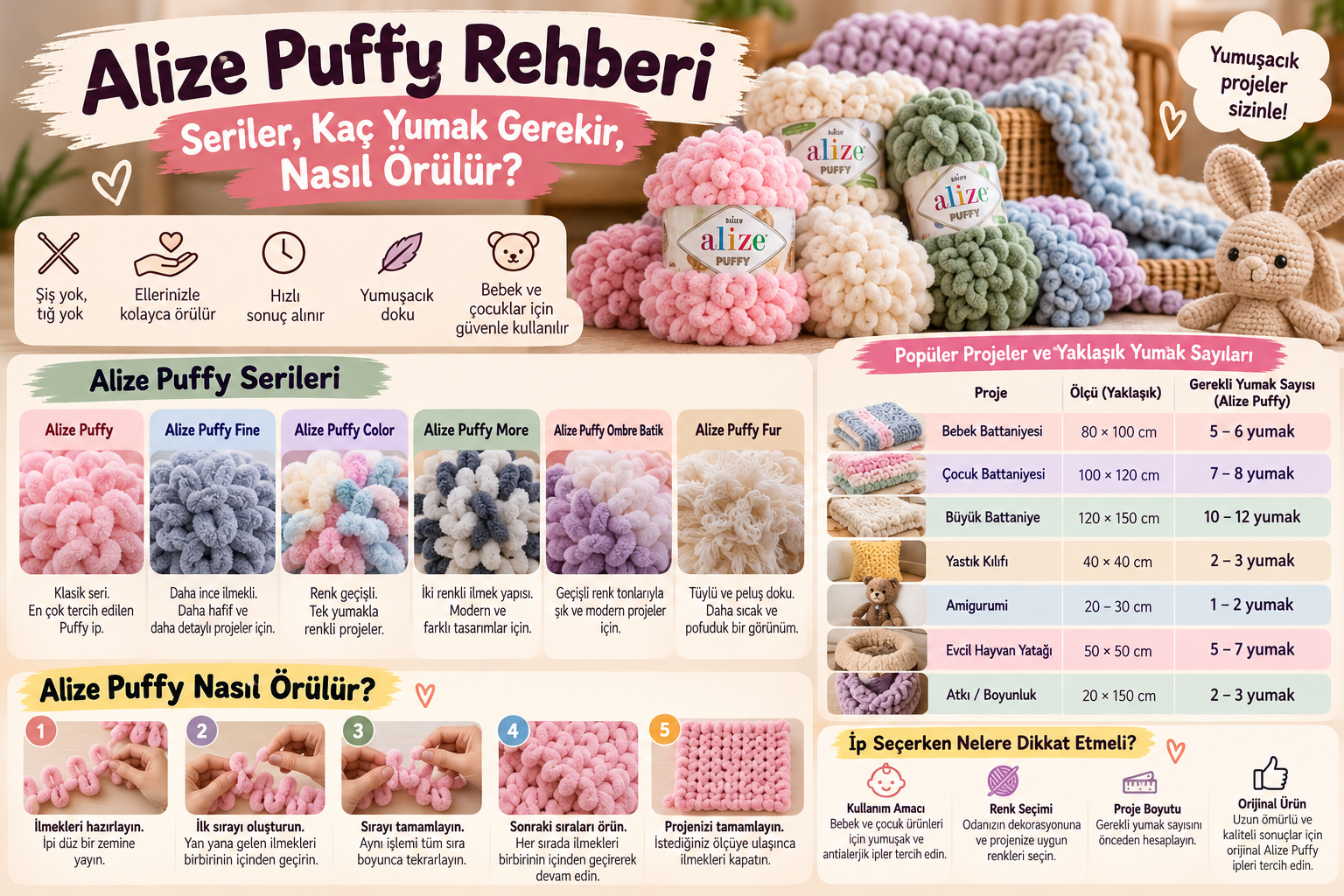 Alize Puffy Rehberi: Seriler, Kaç Paket Gerekir, Nasıl Örülür?