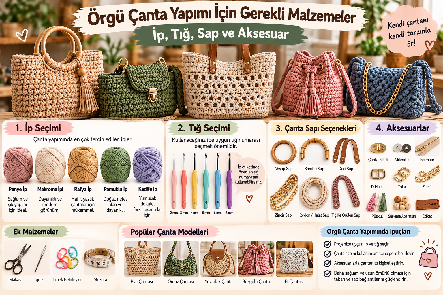 Örgü Çanta Yapımı İçin Gerekli Malzemeler: İp, Tığ, Sap ve Aksesuar Rehberi