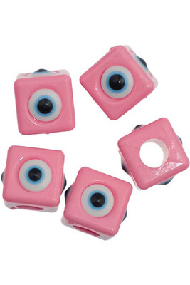  - EVIL EYE BEAD 15 MM SQUARE 02 PINK 5 PEICES