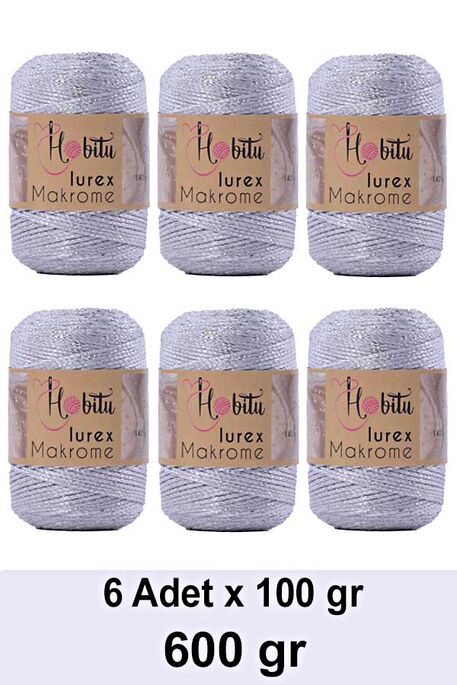 HOBİTU YARNS - HOBİTU MAKROME SİMLİ LUREX 600 GR 6 LI PAKET 001 Beyaz-Gümüş